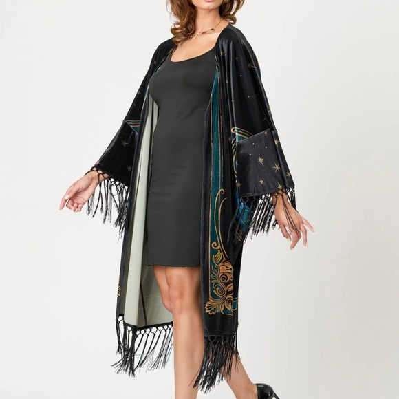 Unique Vintage Plus Size Black Art Noveau Fringe Kimono OSFM PLUS - Picture 4 of 4